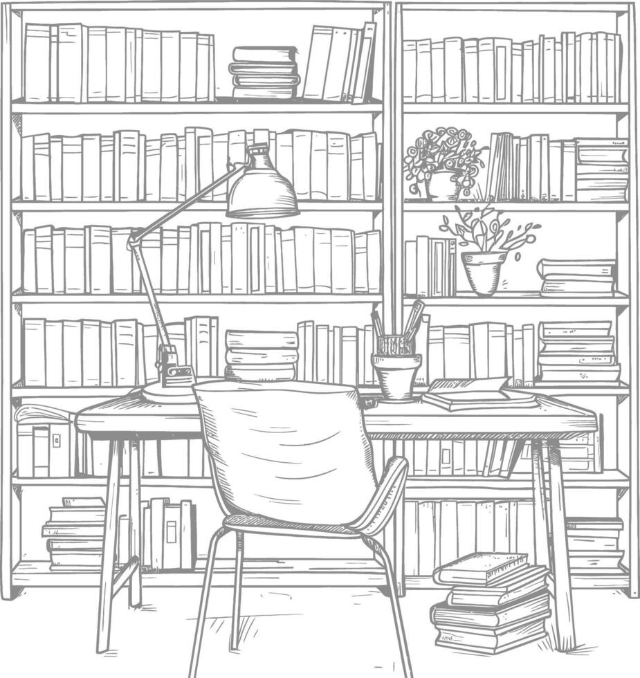 AI generated Outline Illustration for The study room has bookshelves and many book in there vector