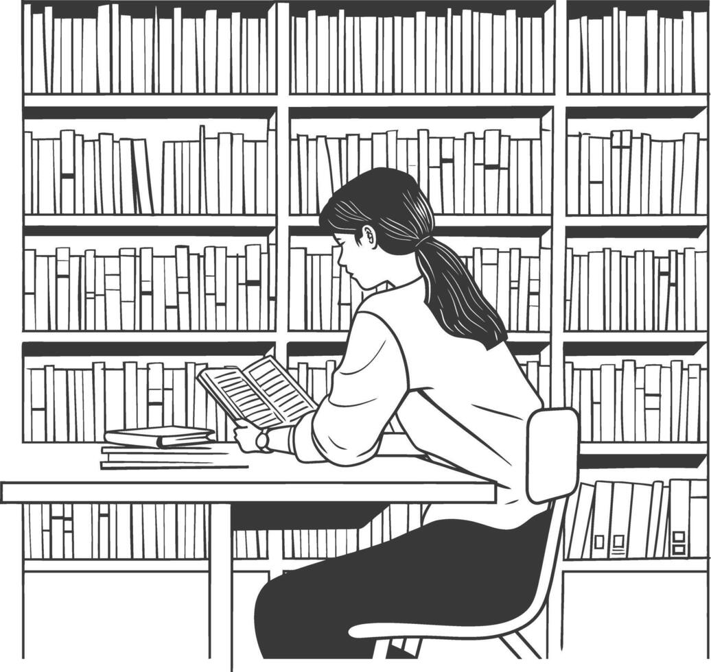 AI generated Outline Illustration for The study room has bookshelves and many book in there vector