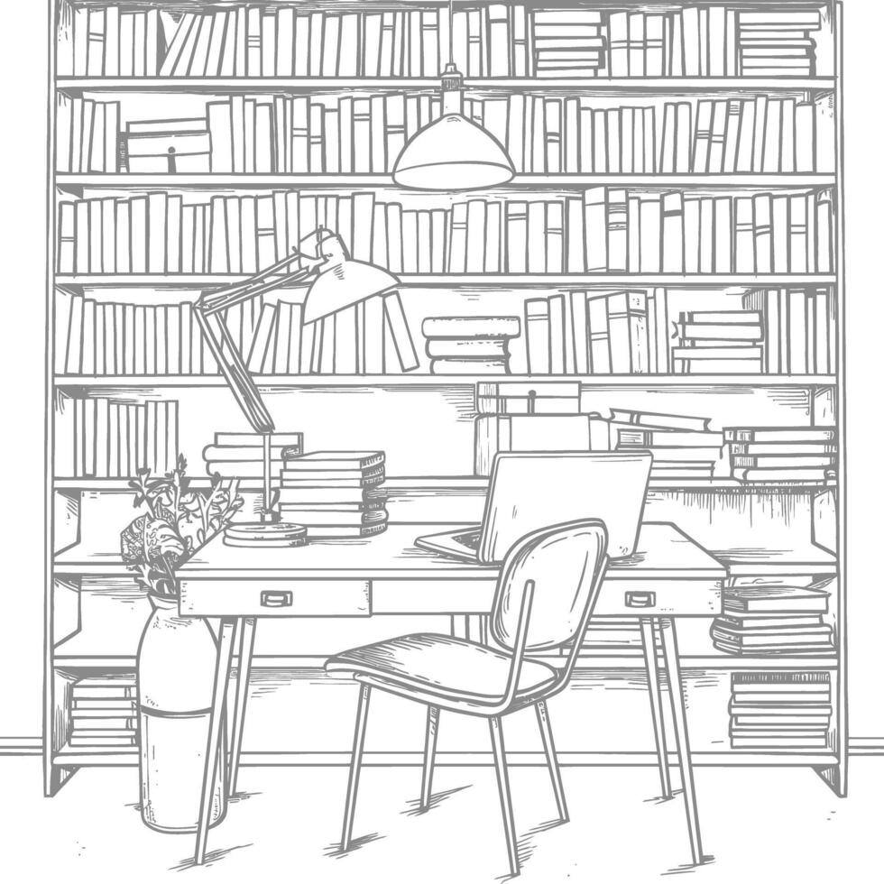 AI generated Outline Illustration for The study room has bookshelves and many book in there vector