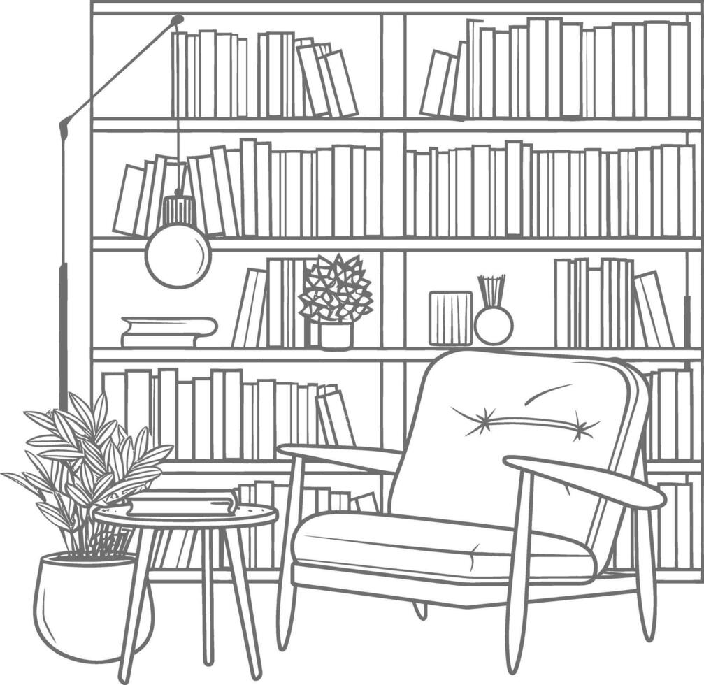AI generated Outline Illustration for The study room has bookshelves and many book in there vector