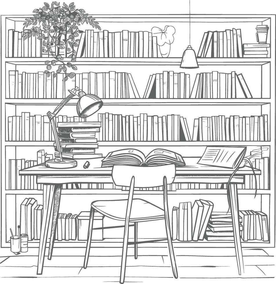 AI generated Outline Illustration for The study room has bookshelves and many book in there vector