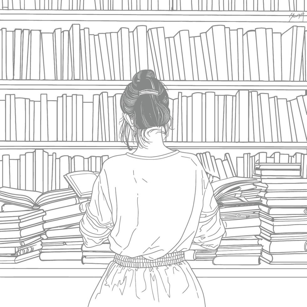 AI generated Outline Illustration for The study room has bookshelves and many book in there vector