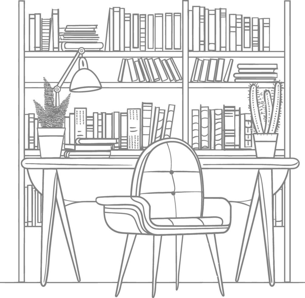AI generated Outline Illustration for The study room has bookshelves and many book in there vector