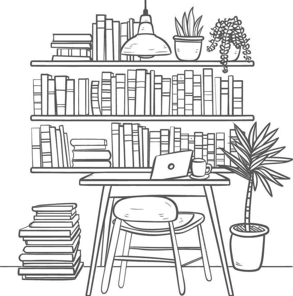 AI generated Outline Illustration for The study room has bookshelves and many book in there vector