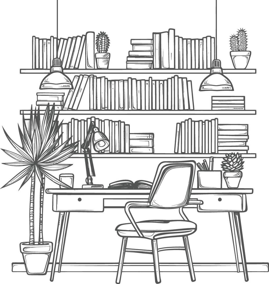 AI generated Outline Illustration for The study room has bookshelves and many book in there vector