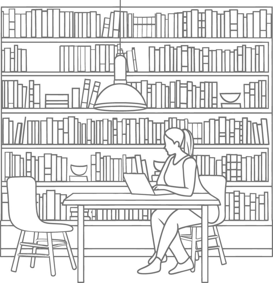 AI generated Outline Illustration for The study room has bookshelves and many book in there vector
