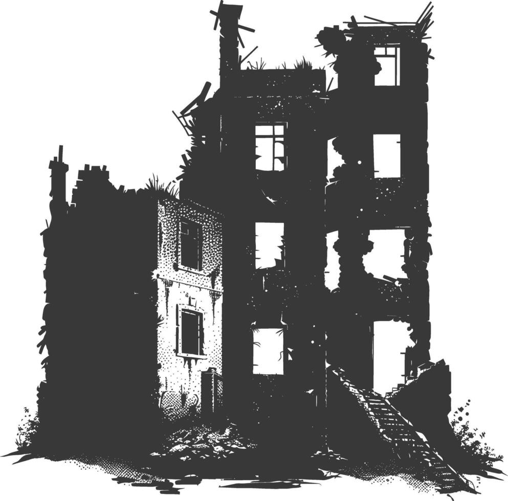 AI generated silhouette abandoned buildings black color only vector