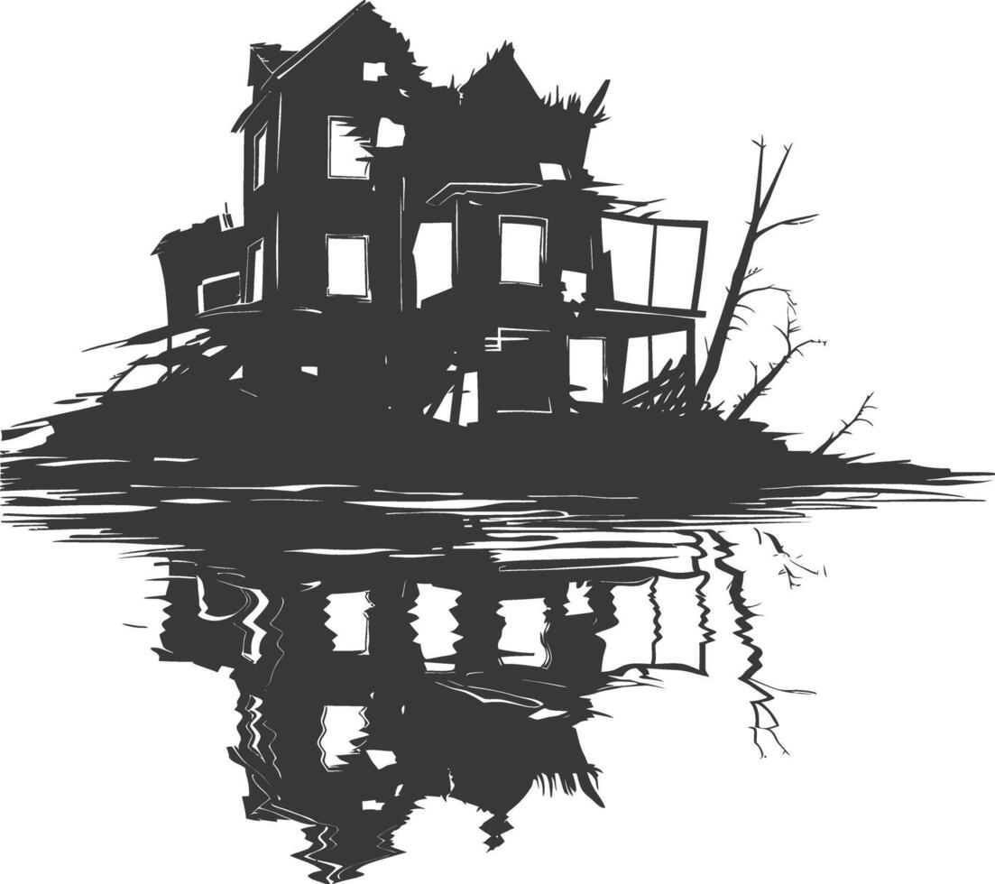 AI generated silhouette abandoned buildings black color only vector