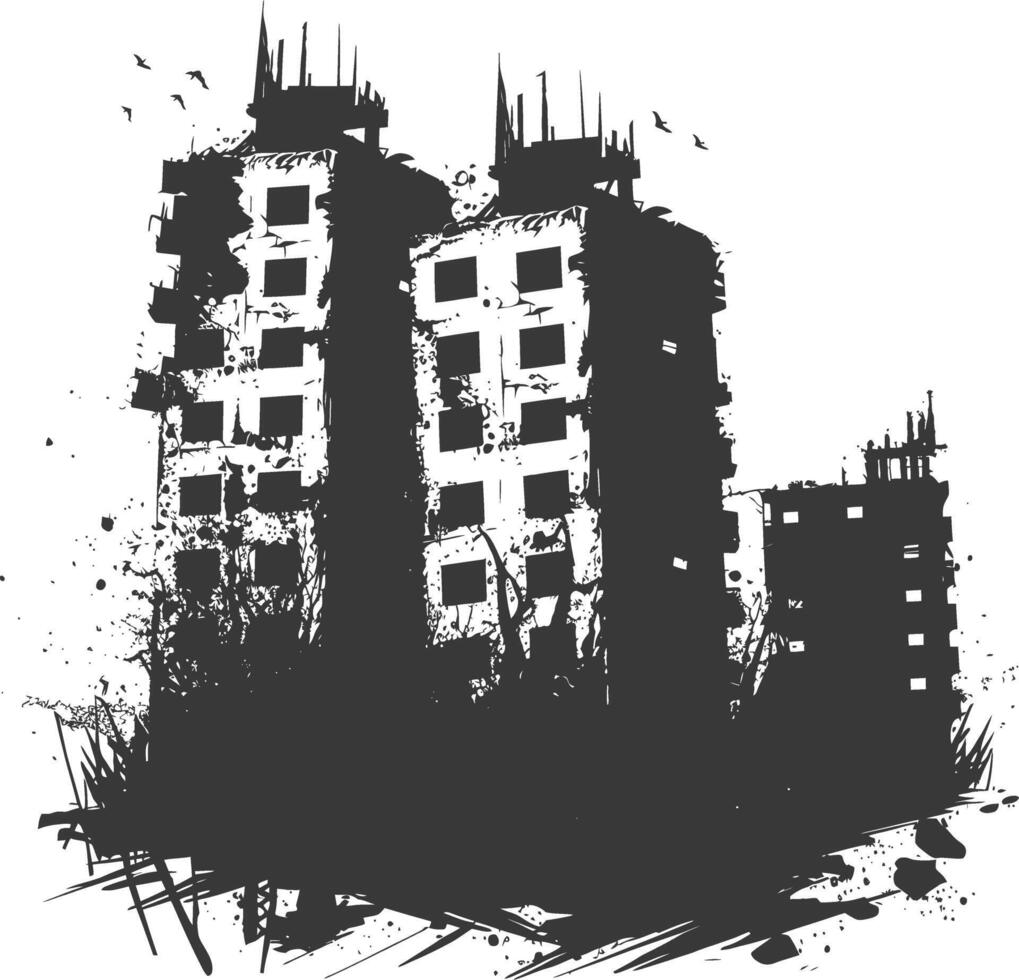 AI generated silhouette abandoned buildings black color only vector