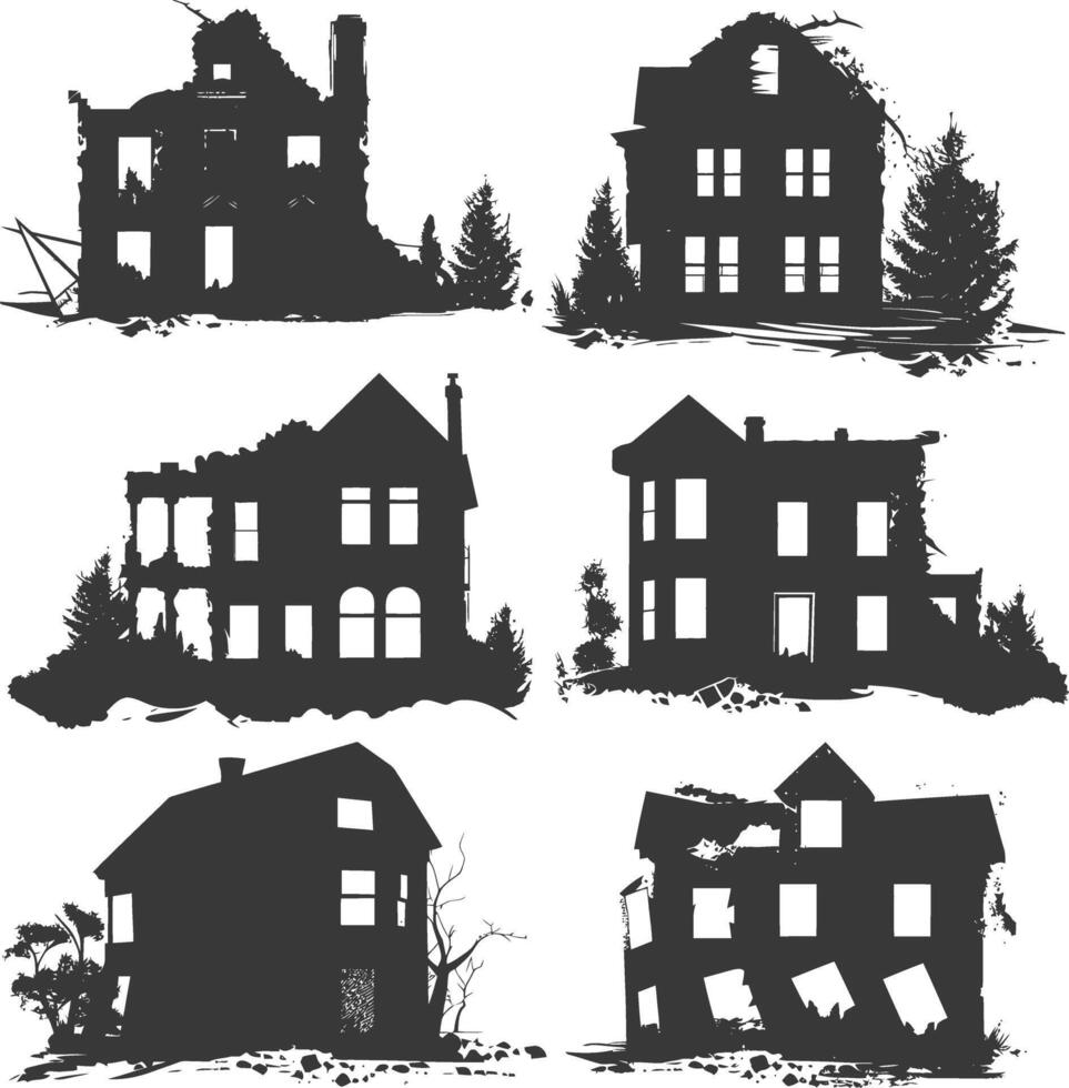 AI generated silhouette abandoned buildings black color only vector