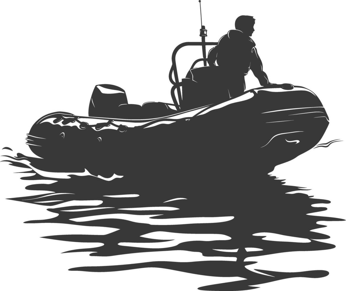 AI generated Silhouette a man driving inflatable boat the boat is traveling black color only vector