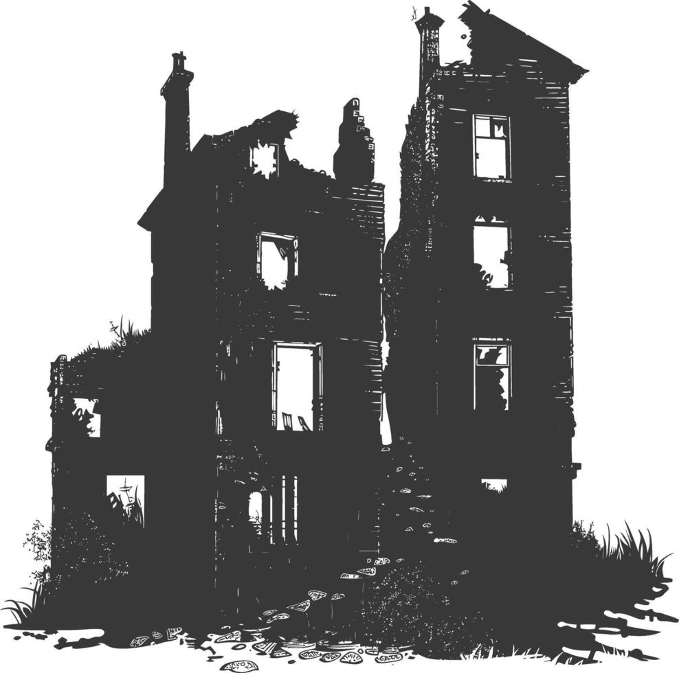 AI generated silhouette abandoned buildings black color only vector