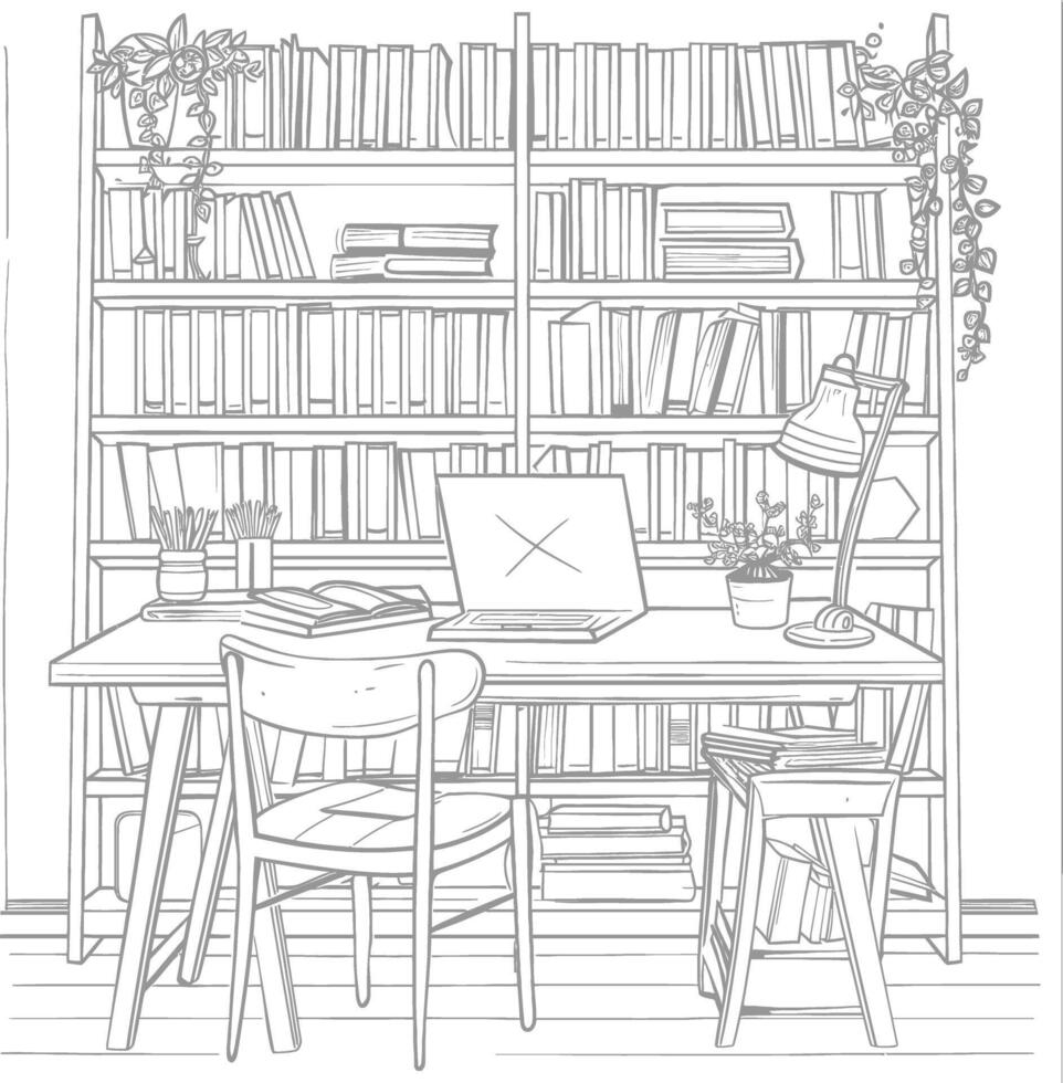 ai generado contorno ilustración para el estudiar habitación tiene estantería y muchos libro en allí vector