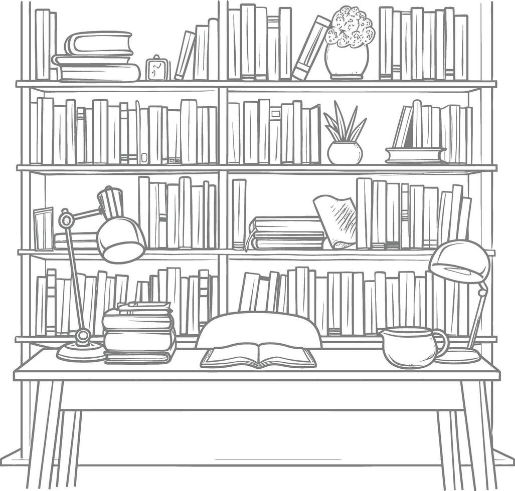 ai generado contorno ilustración para el estudiar habitación tiene estantería y muchos libro en allí vector