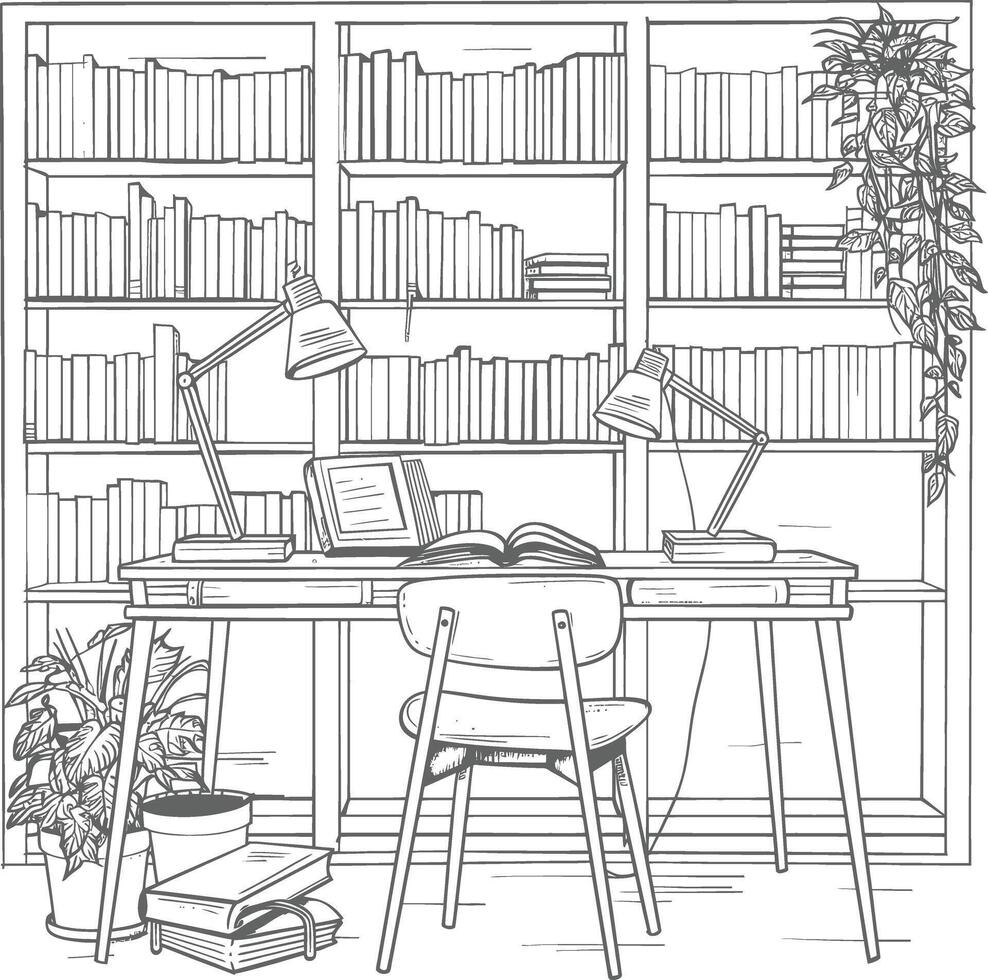 AI generated Outline Illustration for The study room has bookshelves and many book in there vector