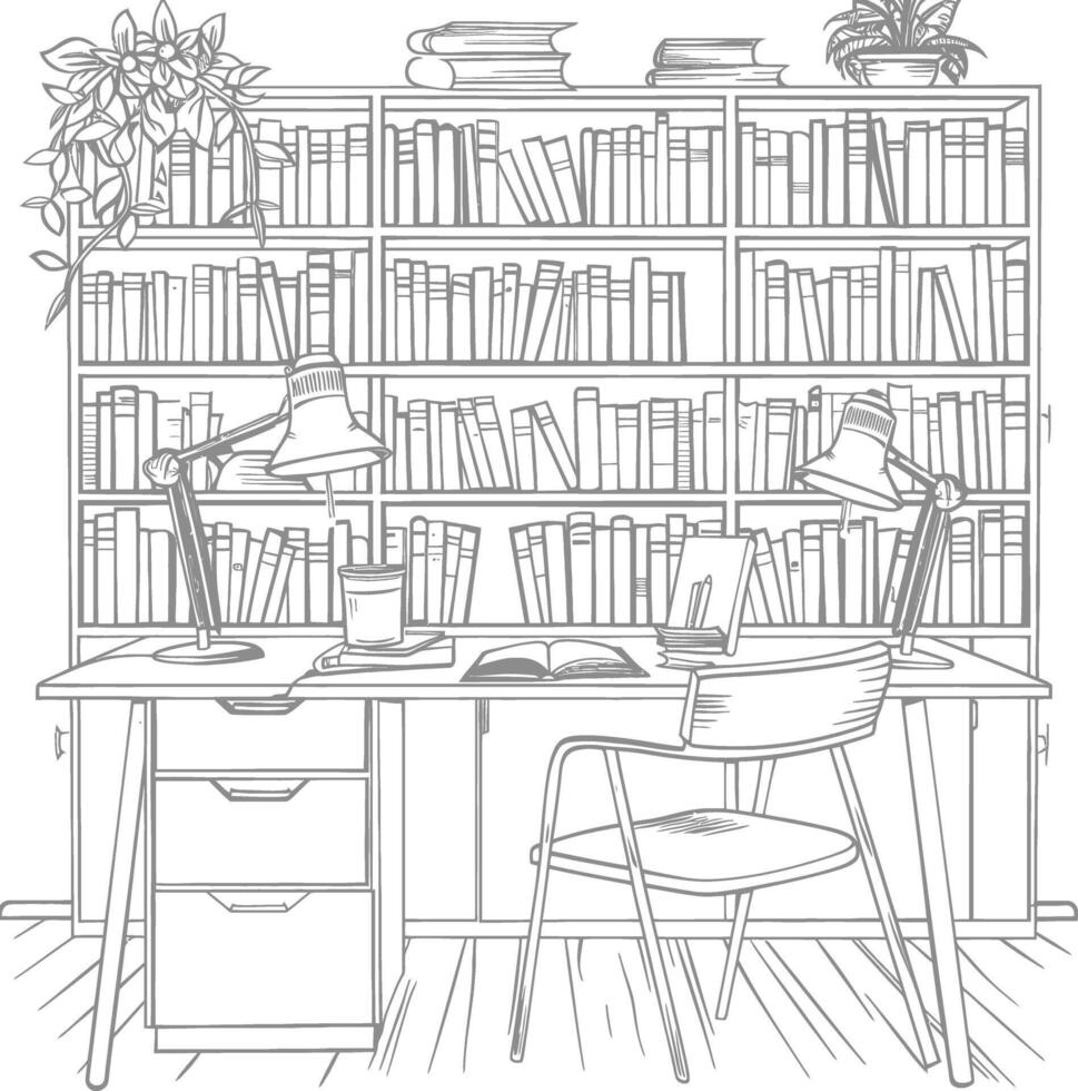 AI generated Outline Illustration for The study room has bookshelves and many book in there vector