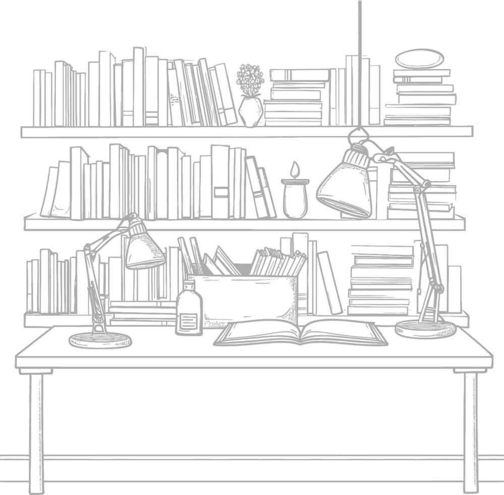 ai generado contorno ilustración para el estudiar habitación tiene estantería y muchos libro en allí vector