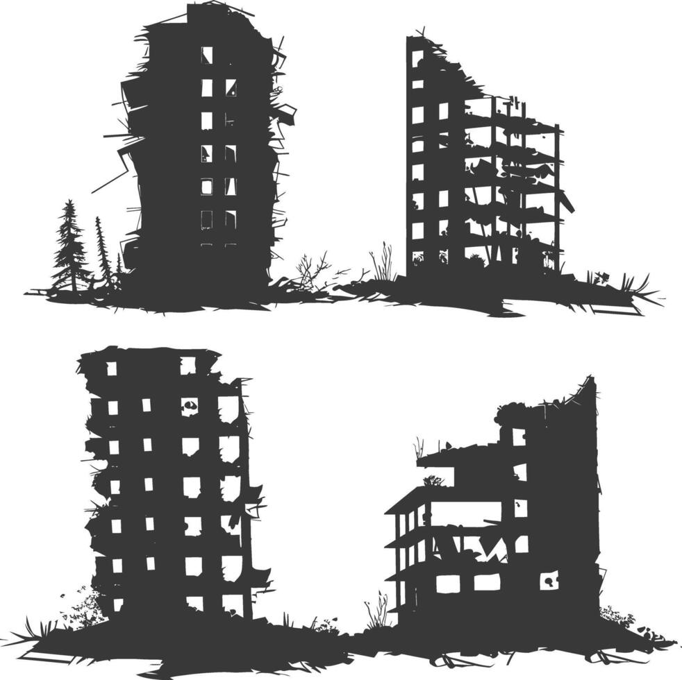 AI generated silhouette abandoned buildings black color only vector