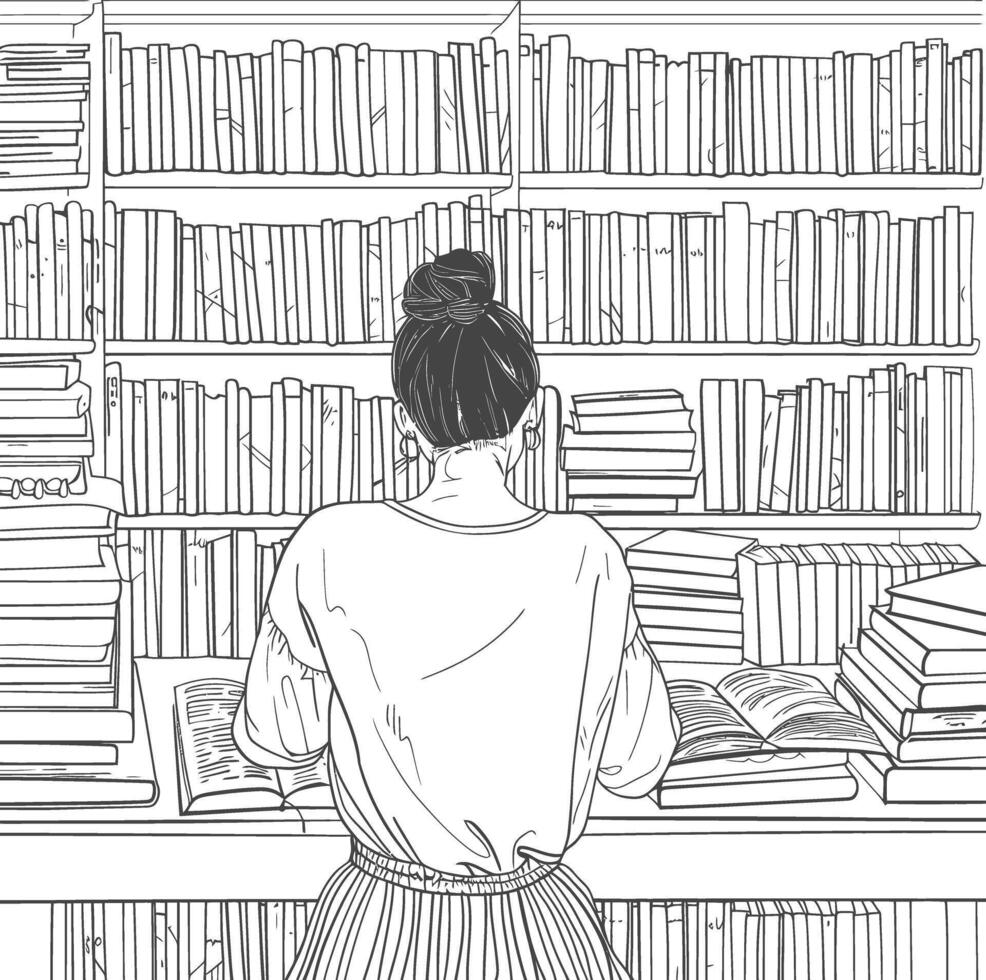 AI generated Outline Illustration for The study room has bookshelves and many book in there vector