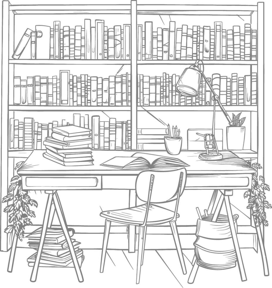 AI generated Outline Illustration for The study room has bookshelves and many book in there vector