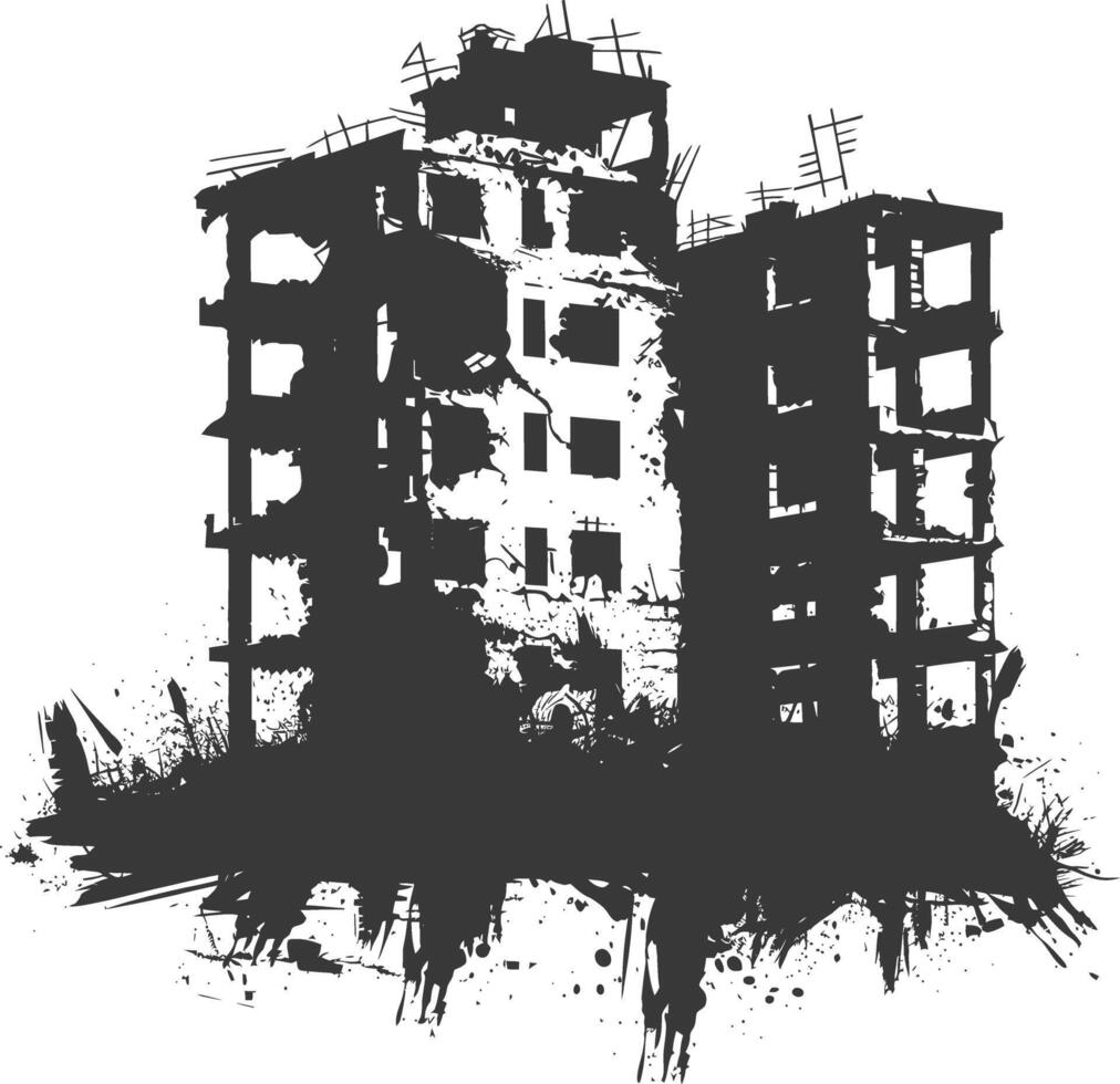 AI generated silhouette abandoned buildings black color only vector