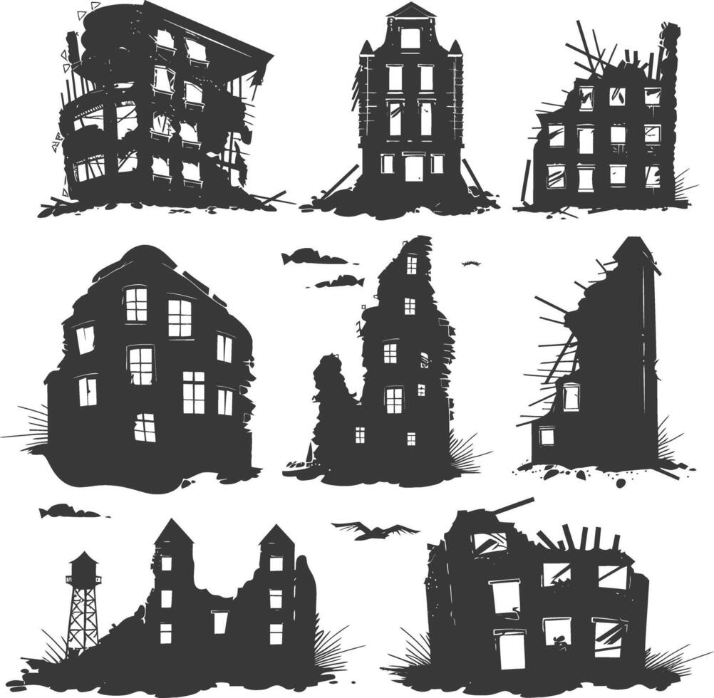 AI generated silhouette abandoned buildings black color only vector