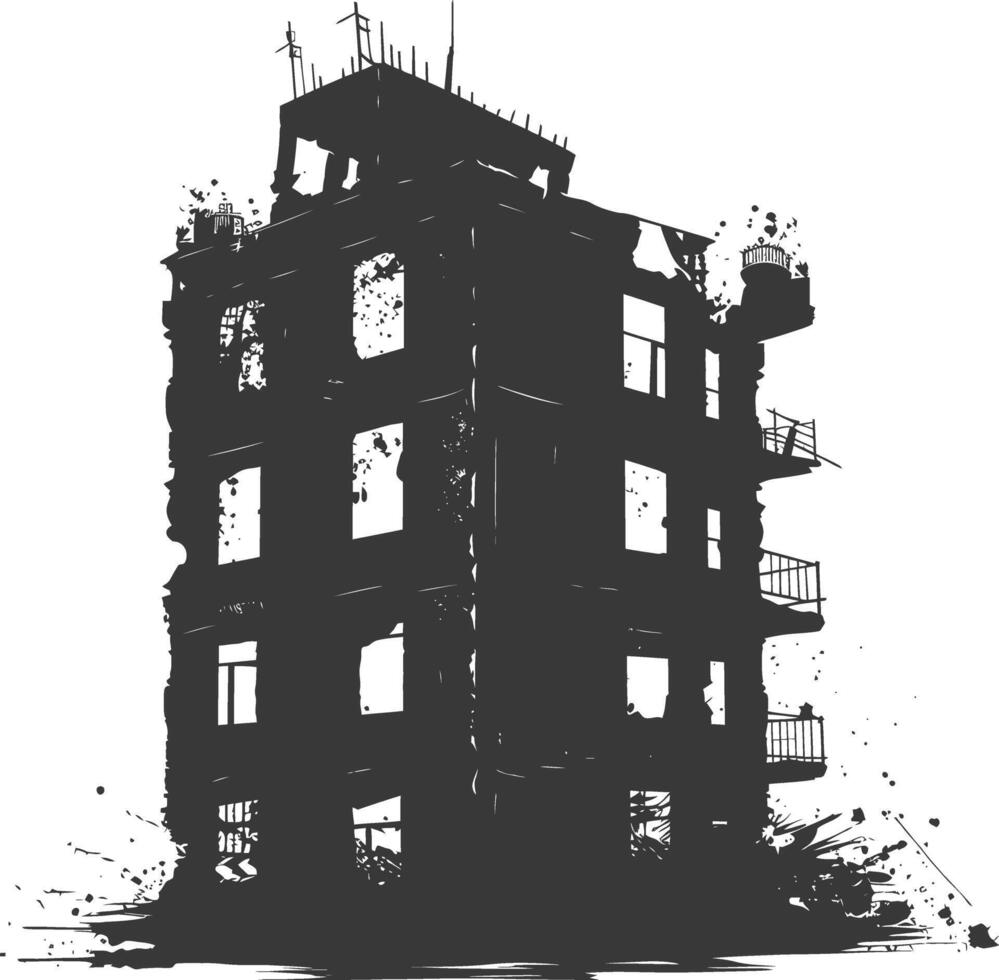 AI generated silhouette abandoned buildings black color only vector