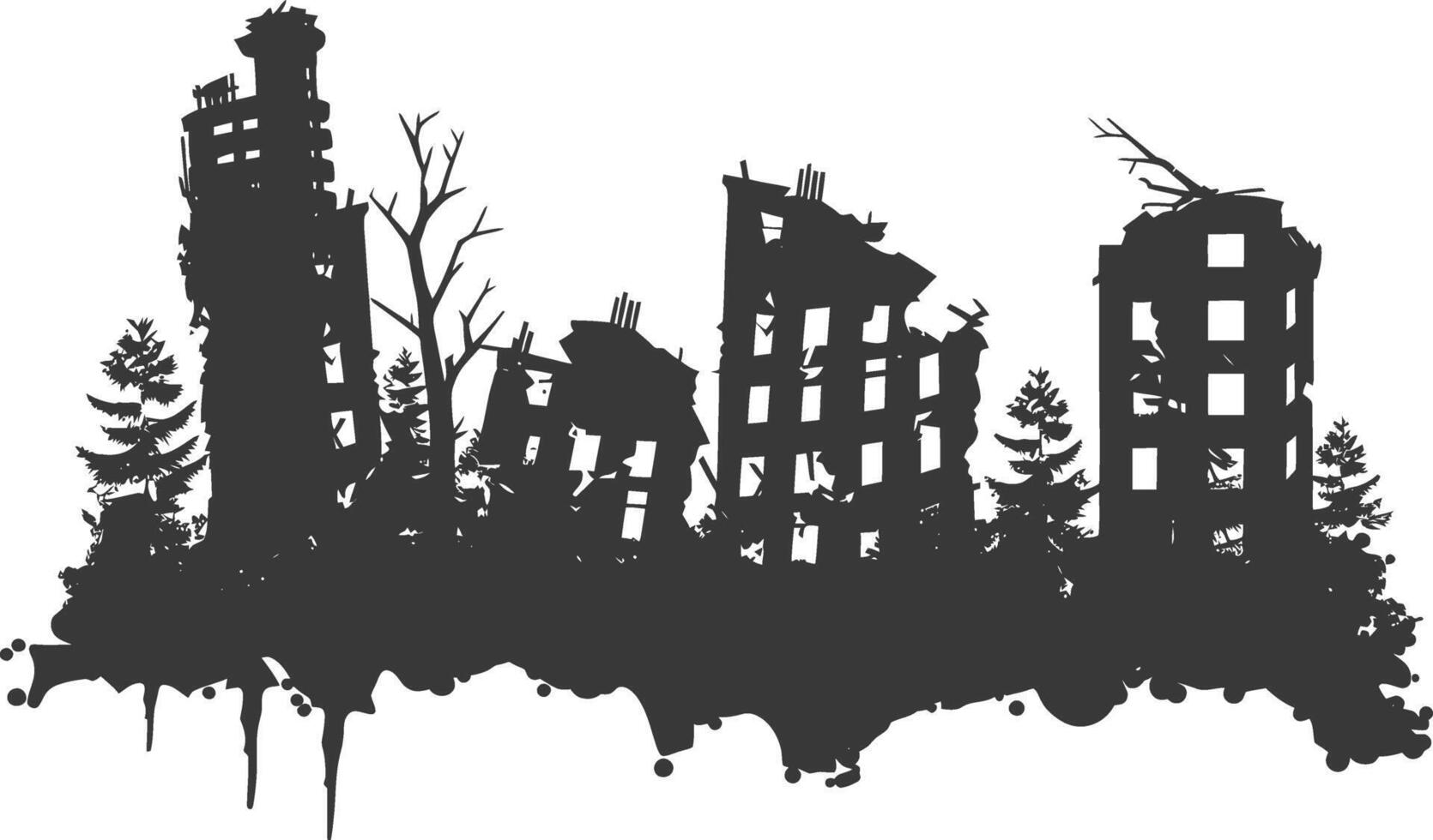 AI generated silhouette abandoned buildings black color only vector