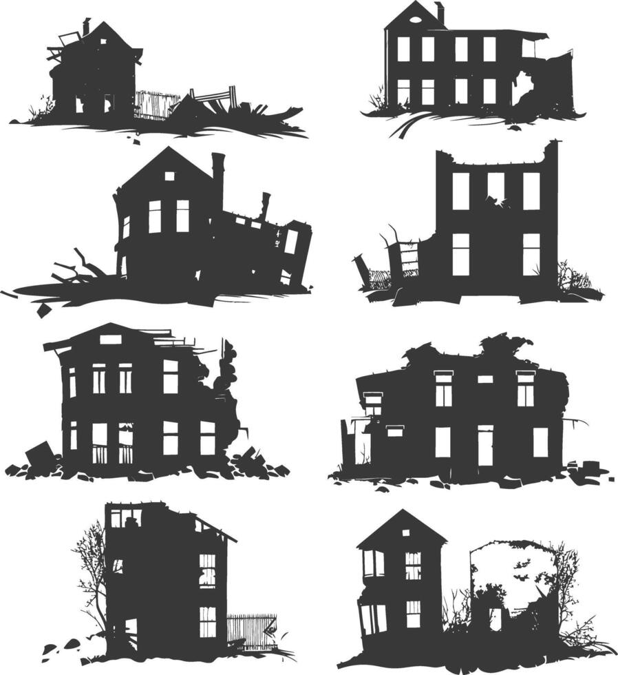 AI generated silhouette abandoned buildings black color only vector