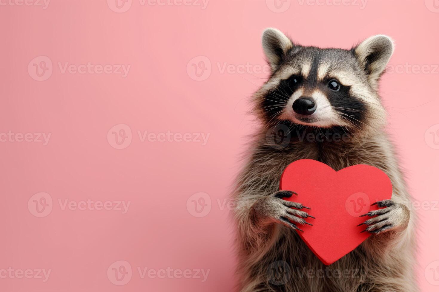 AI Generated Raccoon Holding a Red Heart Cutout Against a Pink Background photo
