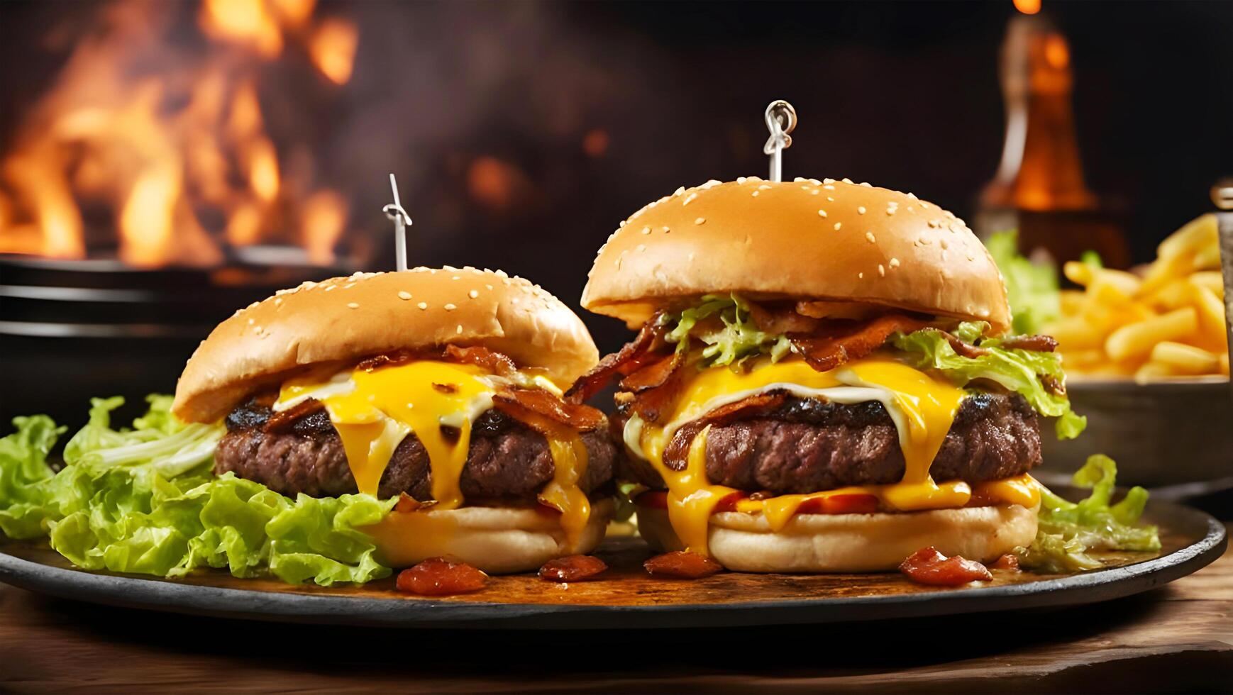 AI generated Mouthwatering scene of a sizzling plate of beef bacon and a juicy beef burger photo