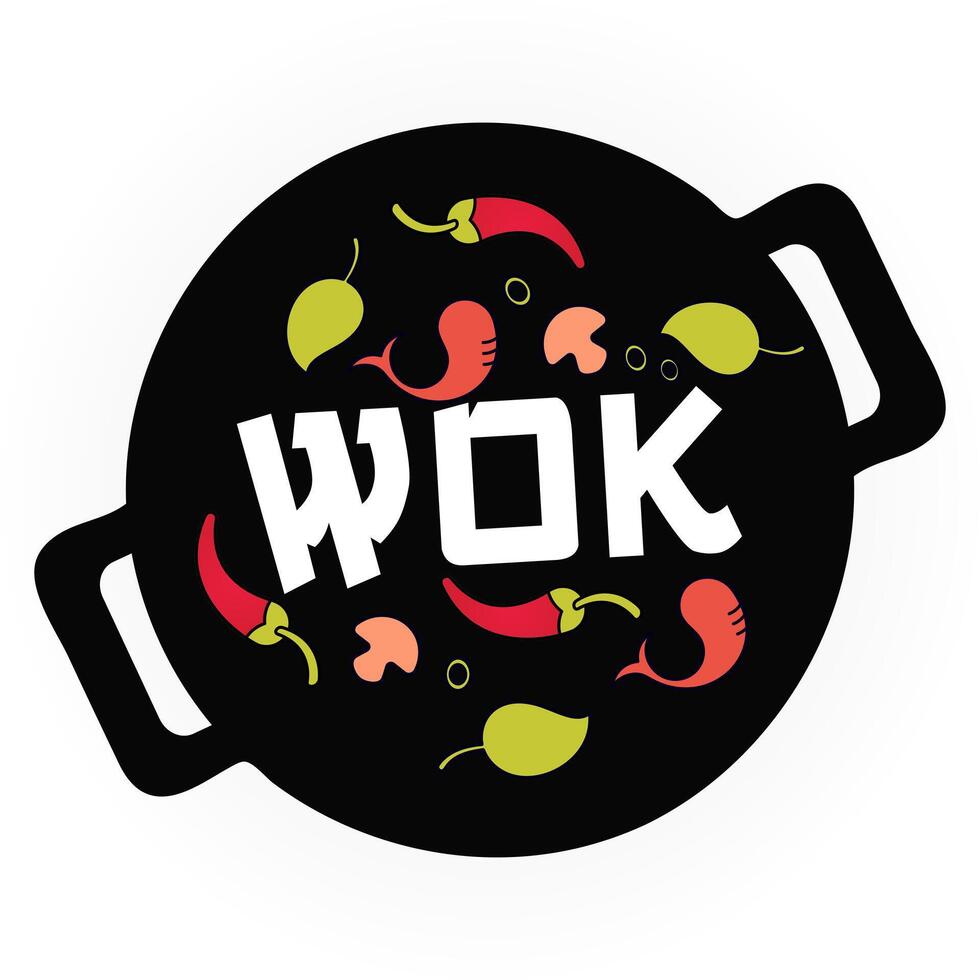 Flat Asian Food. Wok Pan with Ingredients vector template