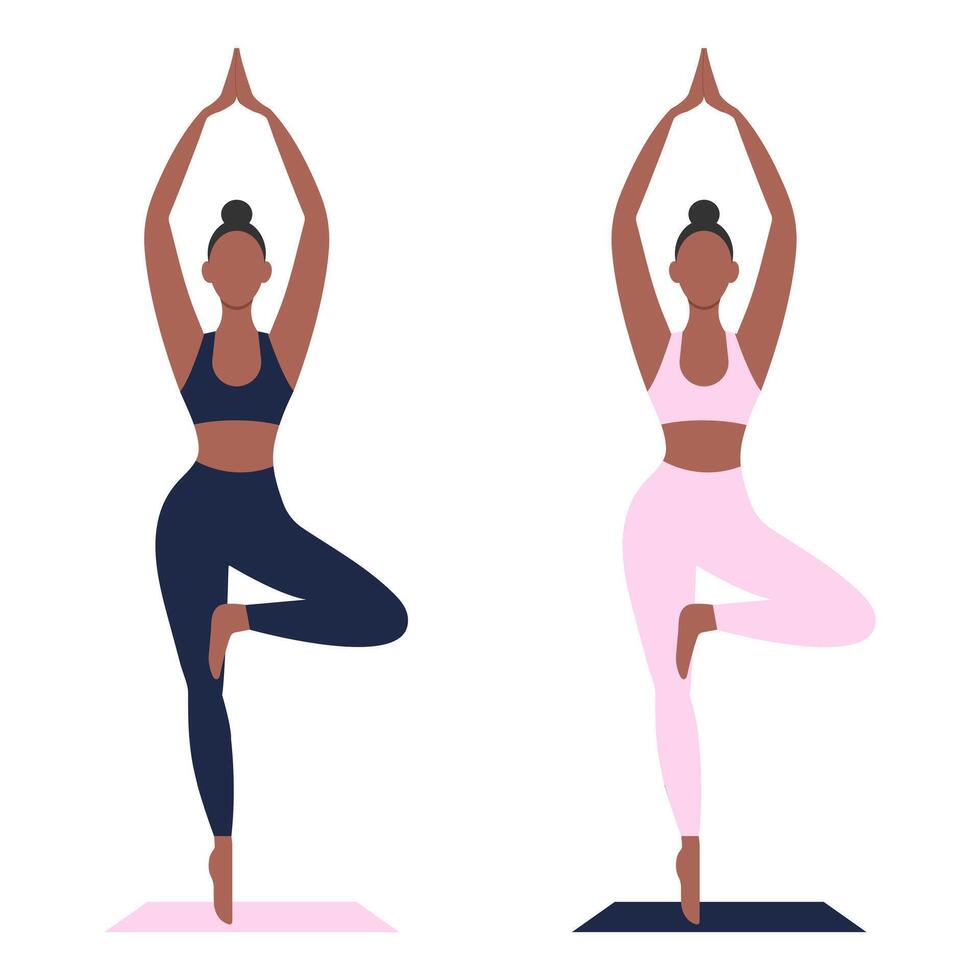 Flat Yoga Female Stretches, Fitness Pose. Black and Pink. vector template