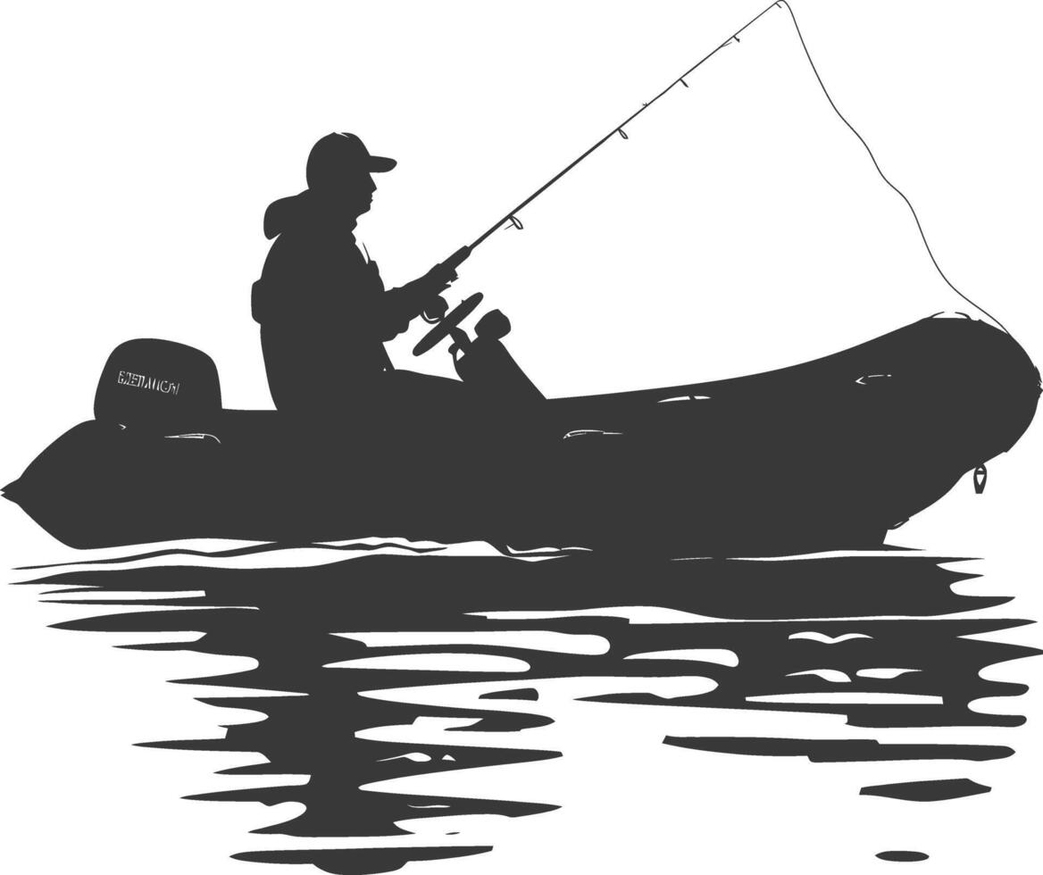 AI generated Silhouette fisherman fishing using inflatable boat vector