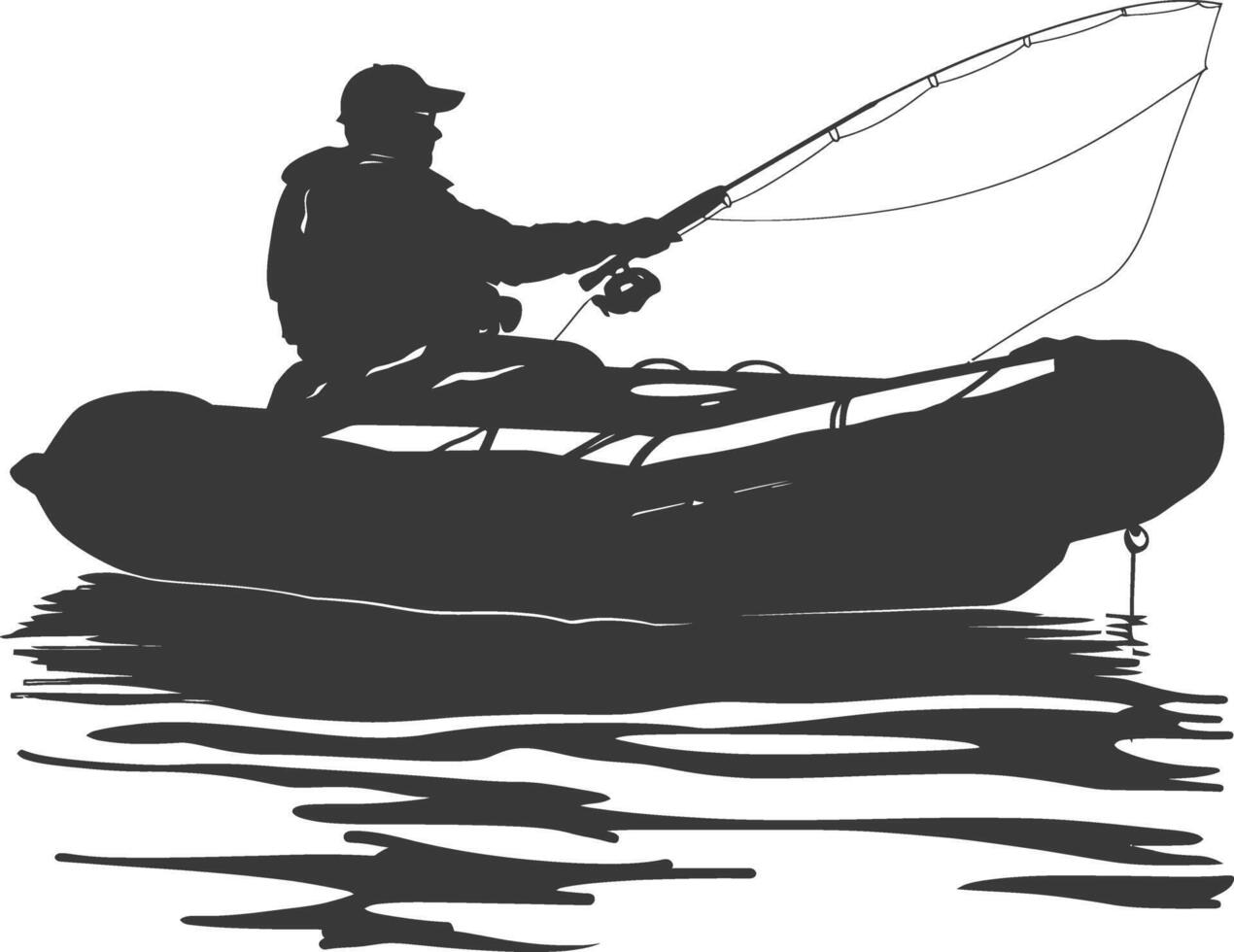 AI generated Silhouette fisherman fishing using inflatable boat vector