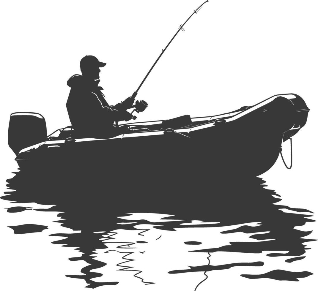 AI generated Silhouette fisherman fishing using inflatable boat vector