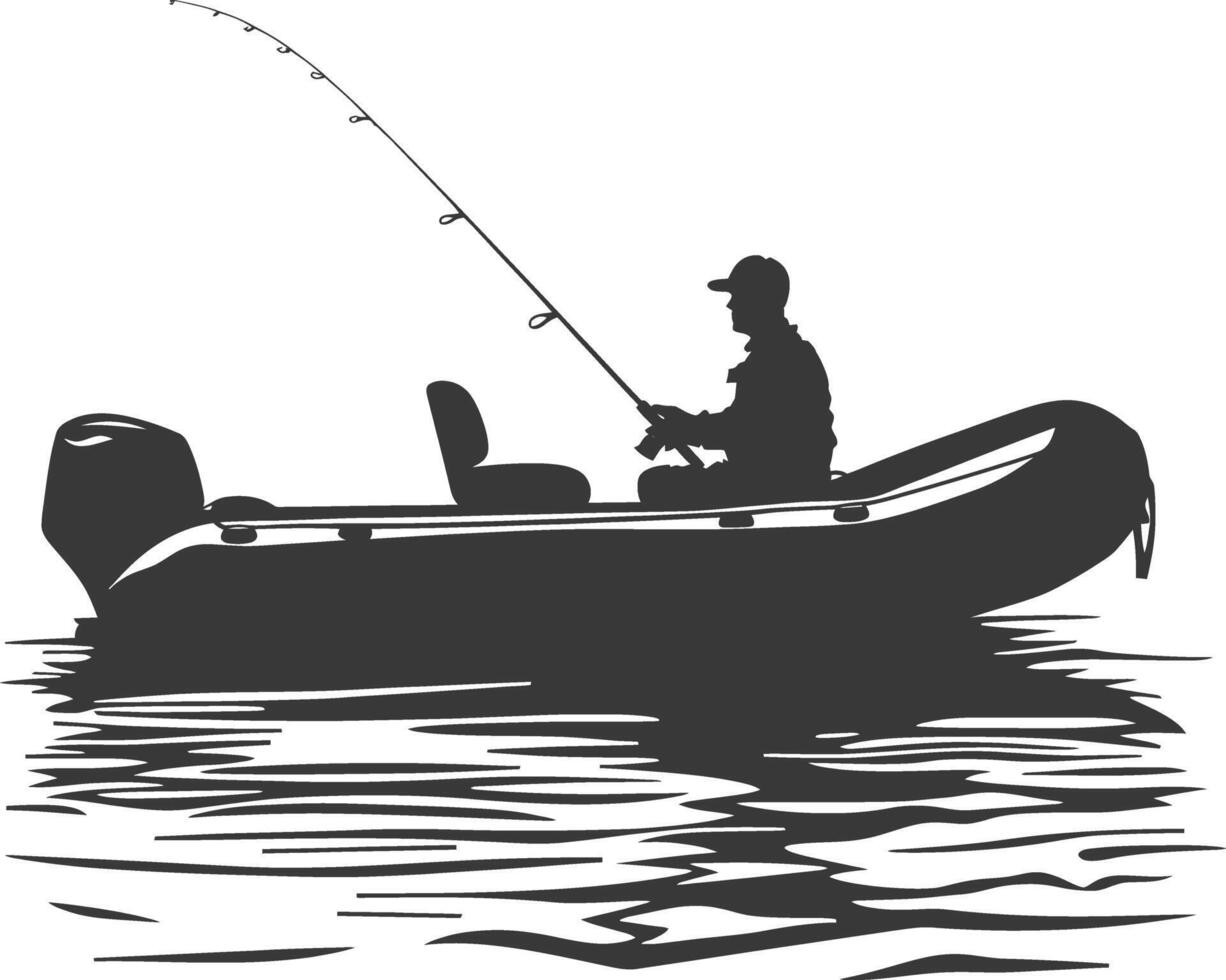 AI generated Silhouette fisherman fishing using inflatable boat vector