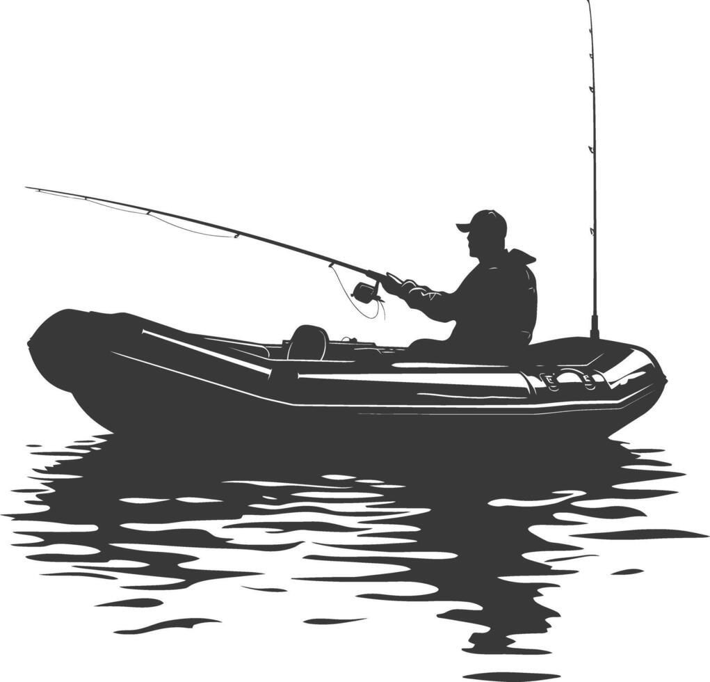 AI generated Silhouette fisherman fishing using inflatable boat vector