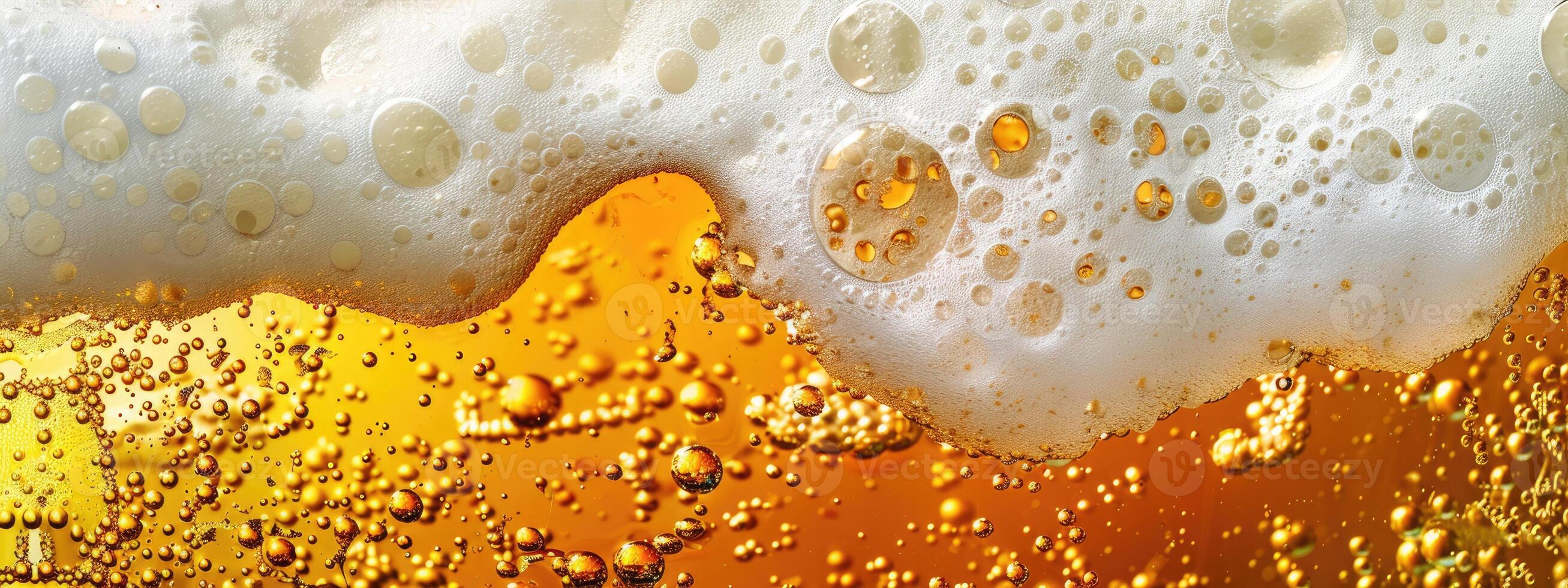 AI generated Ultra close up view of beer texture with foam photo