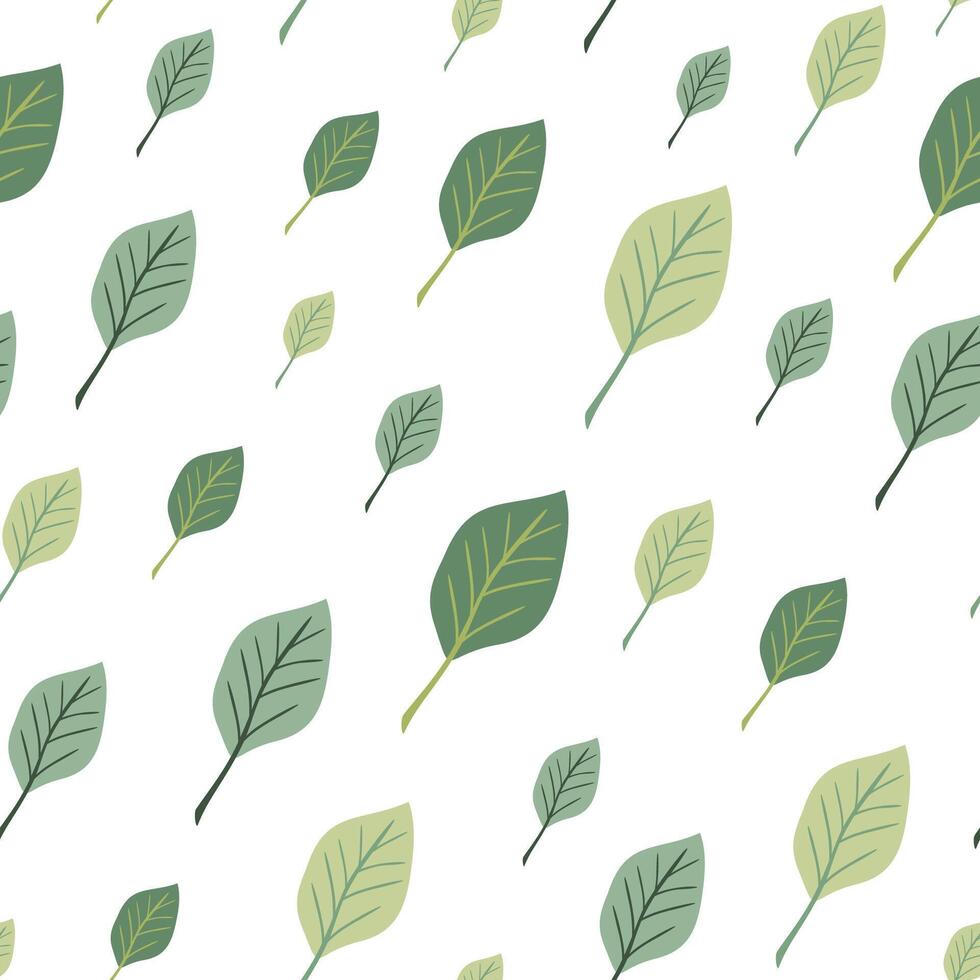 Diagonally arranged green leaves isolated on white backdrop vector seamless pattern. Creative art texture for printing on various surfaces or use in graphic design projects.