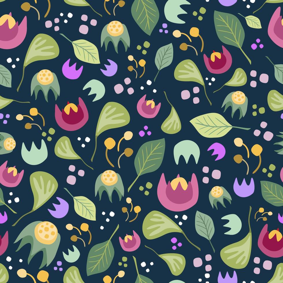 Colorful floral pattern on dark blue background vector seamless pattern. Delicate surface for printing on various surfaces - textile, wrapping, packages, apparel etc... or use in graphic design.