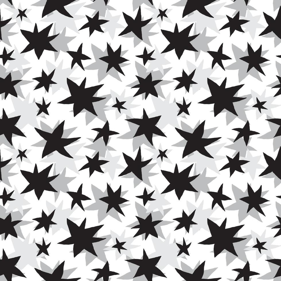 Hand drawn black and gray stars on white background vector seamless pattern