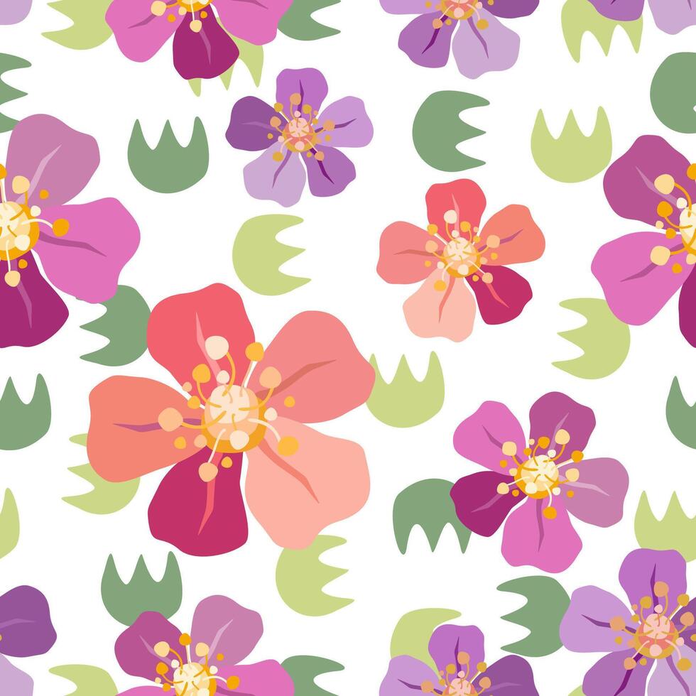 Composition with five petal flowers in pastel pink, purple and red tones arranged with green elements. Floral vector seamless pattern on white background.