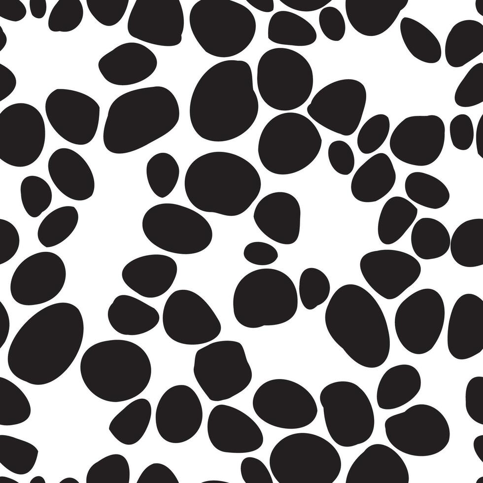 Pebble like black spots arranged in seamless vector pattern. Black stones repeated on white background, resembling road paved with cobblestones. Creative texture for printing or use in graphic design.