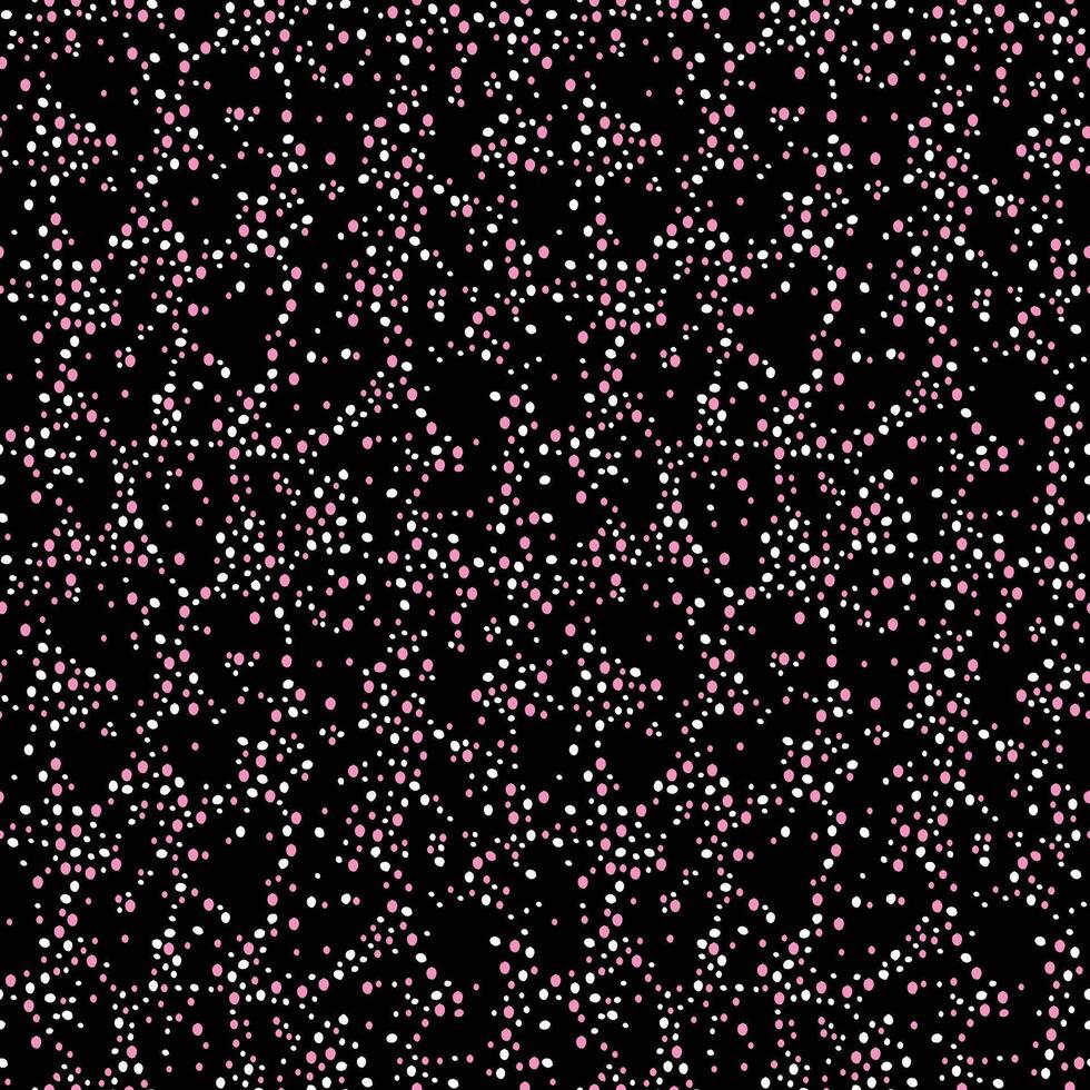 Small to large organic pink and white dots on black background seamless pattern. Surface art stock vector for printing on different surfaces or use in graphic design projects.