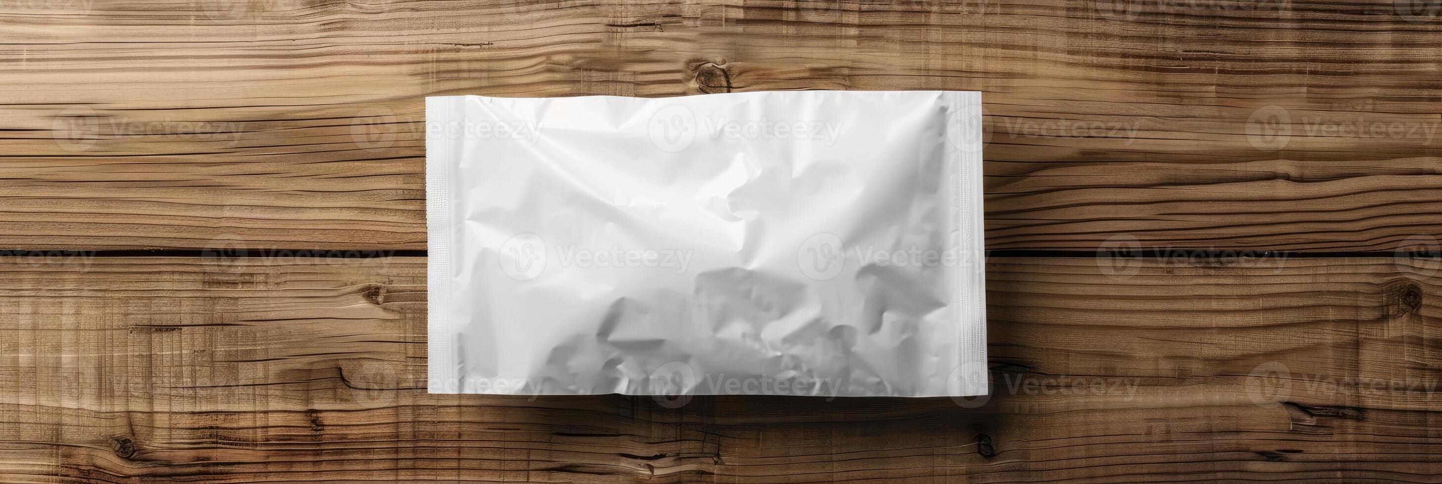 AI generated white packaging bag mockup, on a wooden table photo