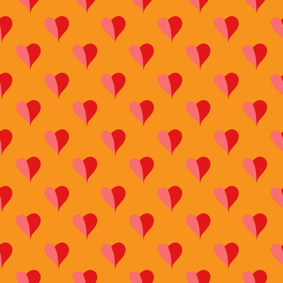 Delicate tiny red hearts on orange backdrop vector seamless pattern. Colorful attractive texture for printing on fabric, wrapping, cards, wallpaper, apparel etc.