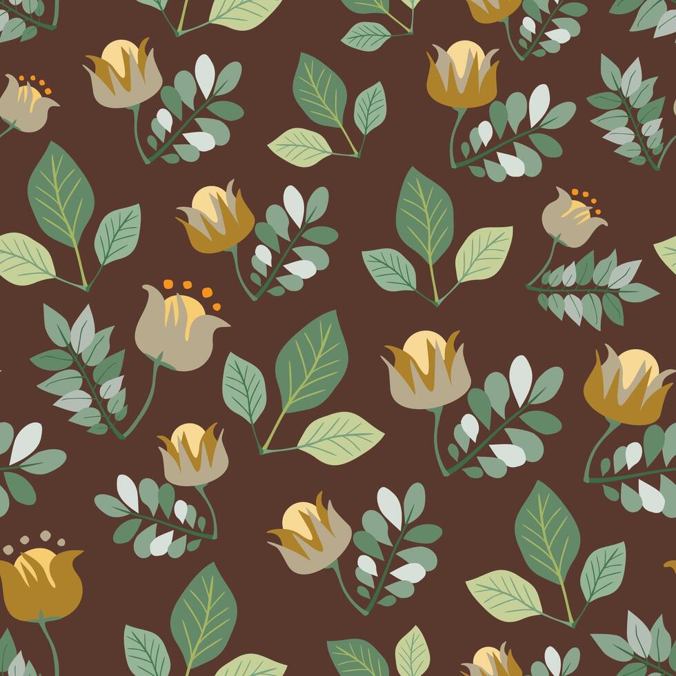 Green, yellow and brown shaded floral elements on brown backdrop vector seamless pattern. Attractive texture art for printing on various surfaces or use in graphic design.