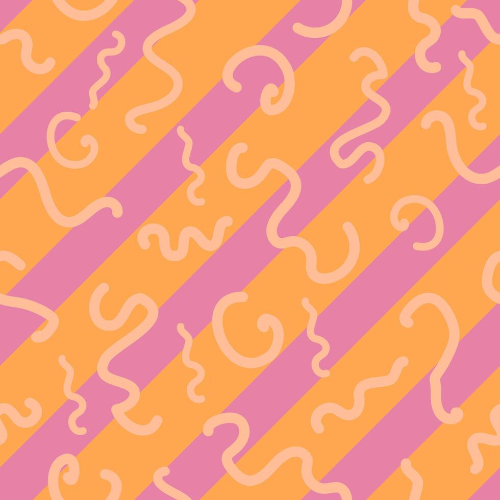 Abstract curvy peach colored lines on diagonally striped orange and pink background vector seamless pattern. Creative art texture for printing on different surfaces.