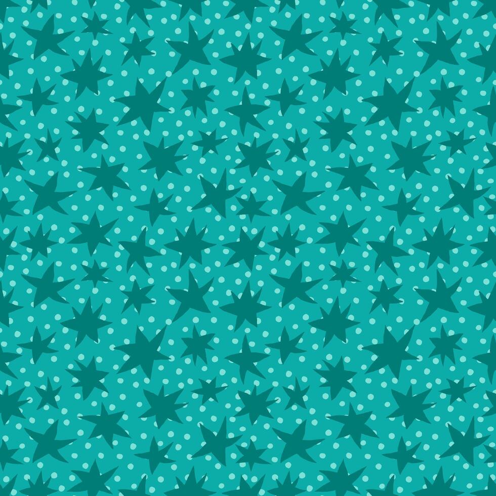 Hand drawn stars on teal dotted background seamless vector pattern. Simple monochrome geometric ornament with stars for printing on different surfaces.